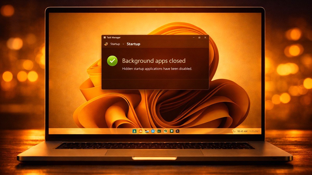 A premium laptop displaying a Windows 11 confirmation screen stating hidden background apps have been successfully closed