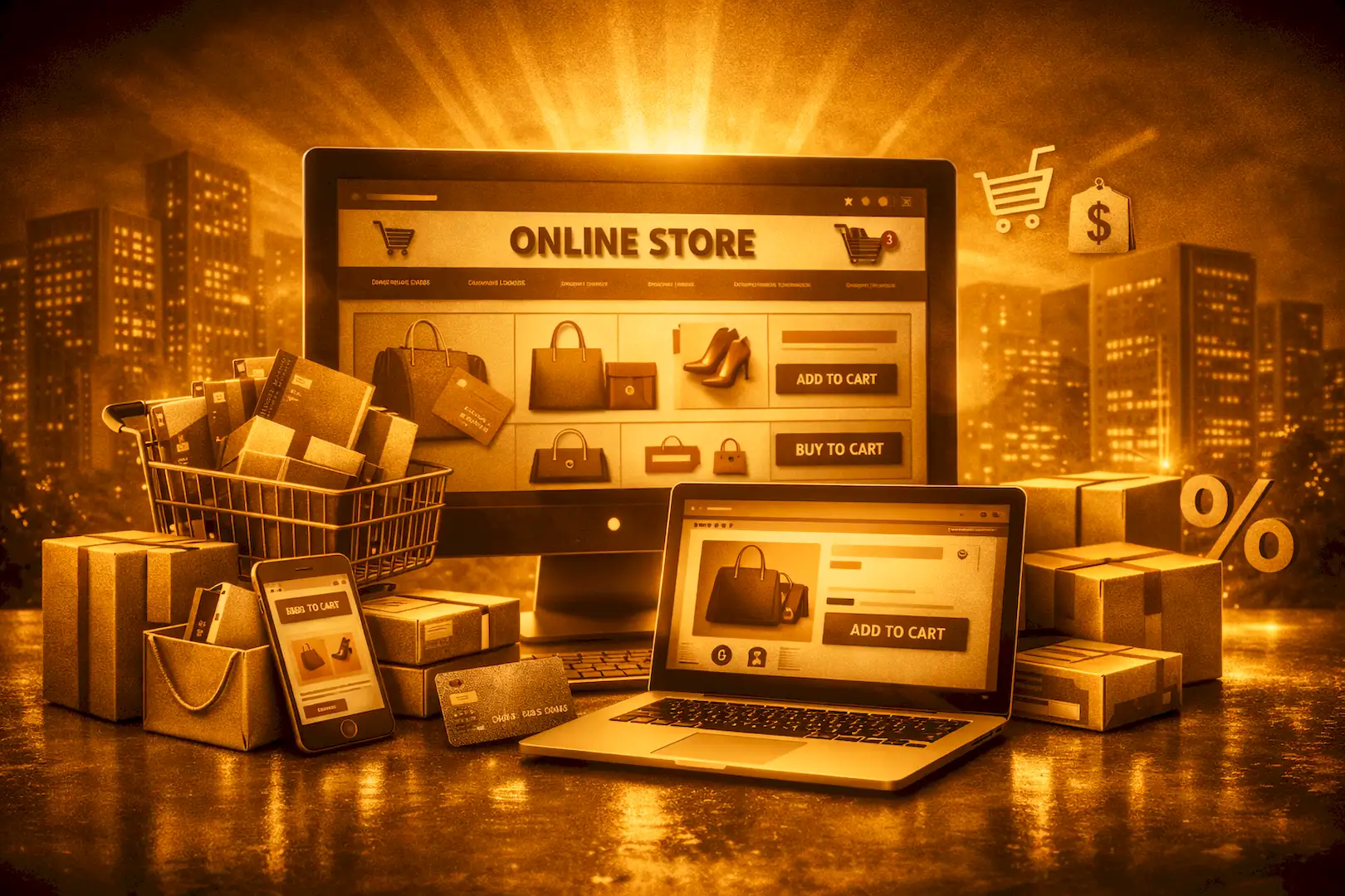 The cinematic golden WordPress + WooCommerce image