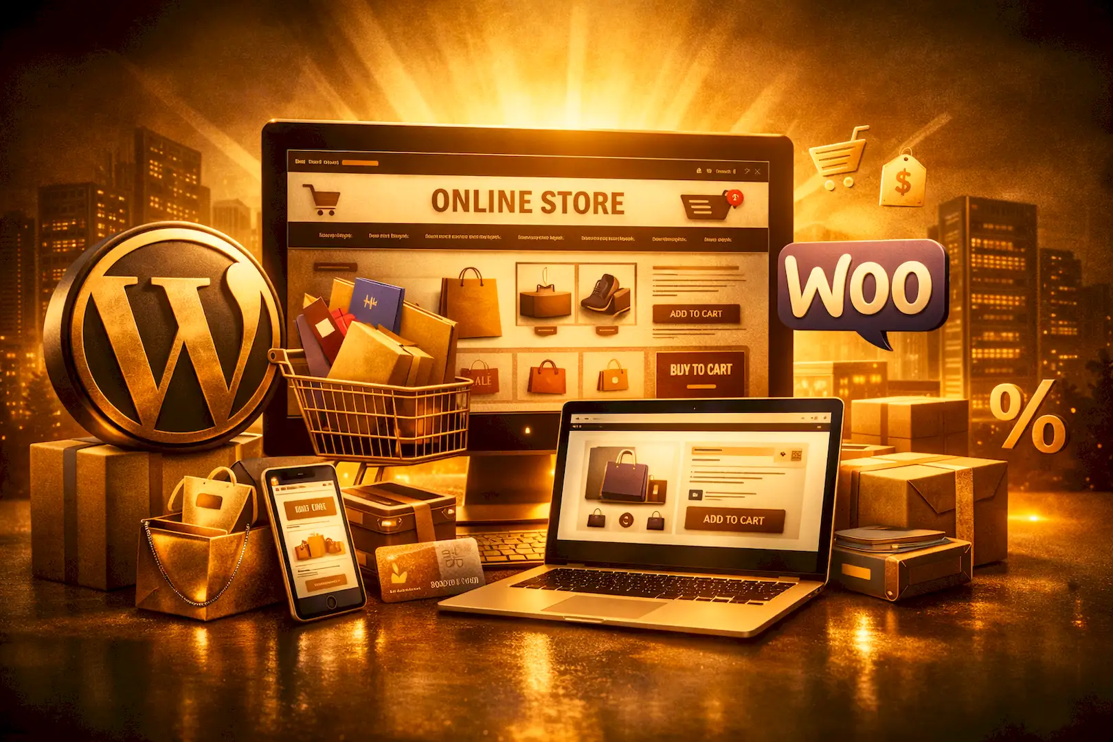 cinematic golden WordPress + WooCommerce image